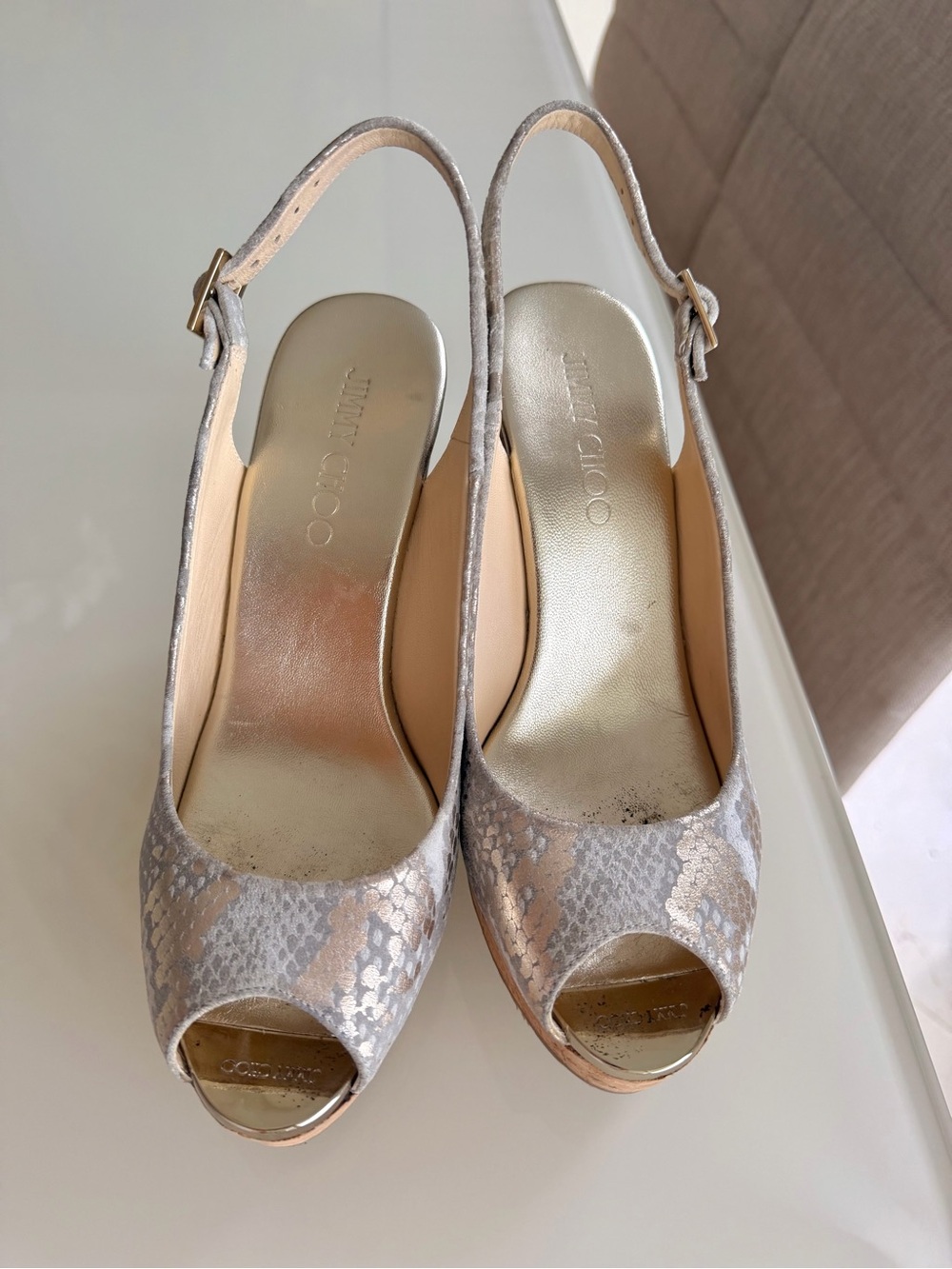 Jimmy Choo Gold & Beige Praise Snake Print Cork Wedge
